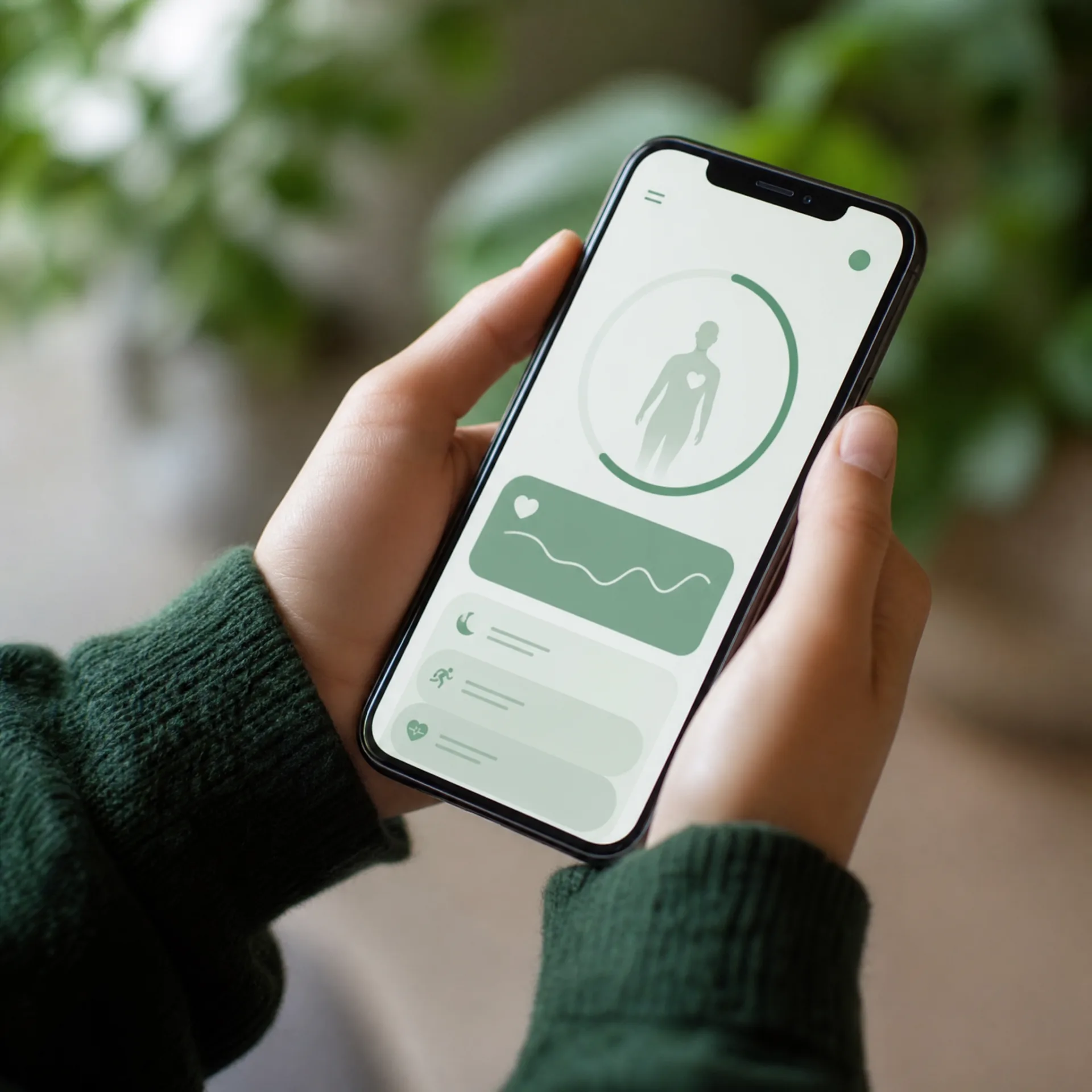Hands holding a phone with a green health app