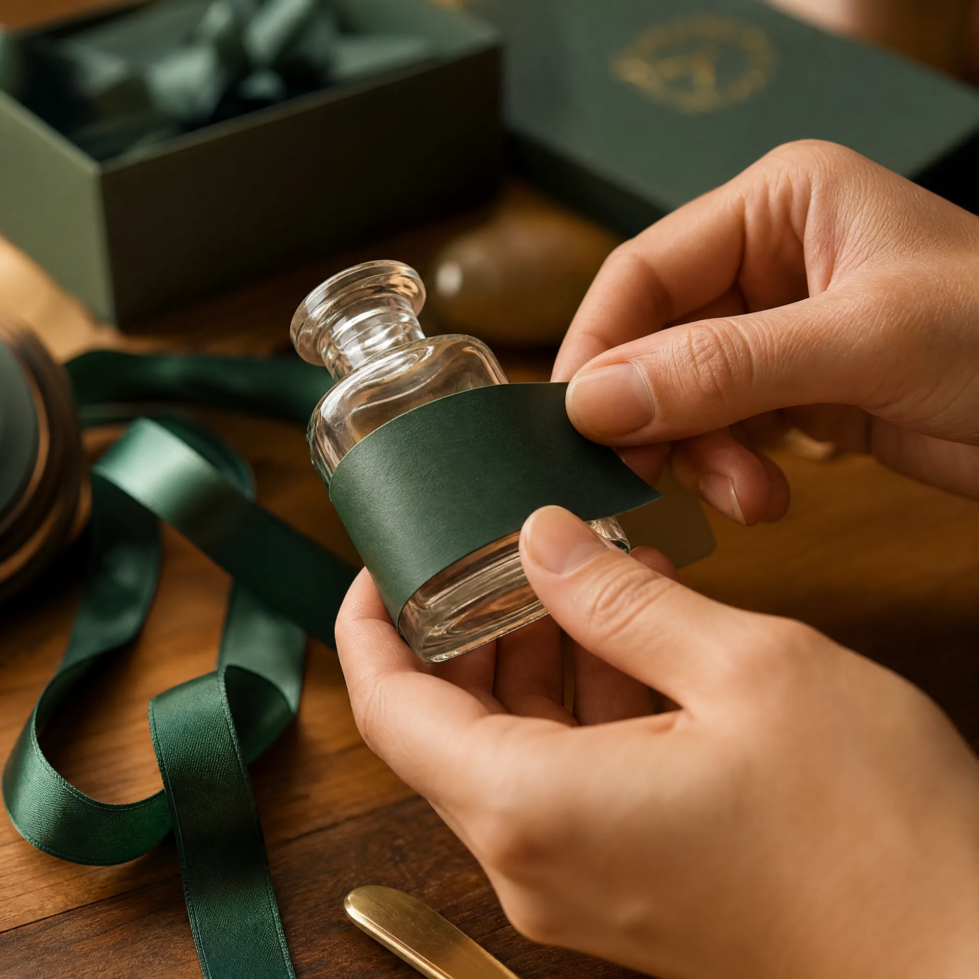 Hands applying a label to a glass vial