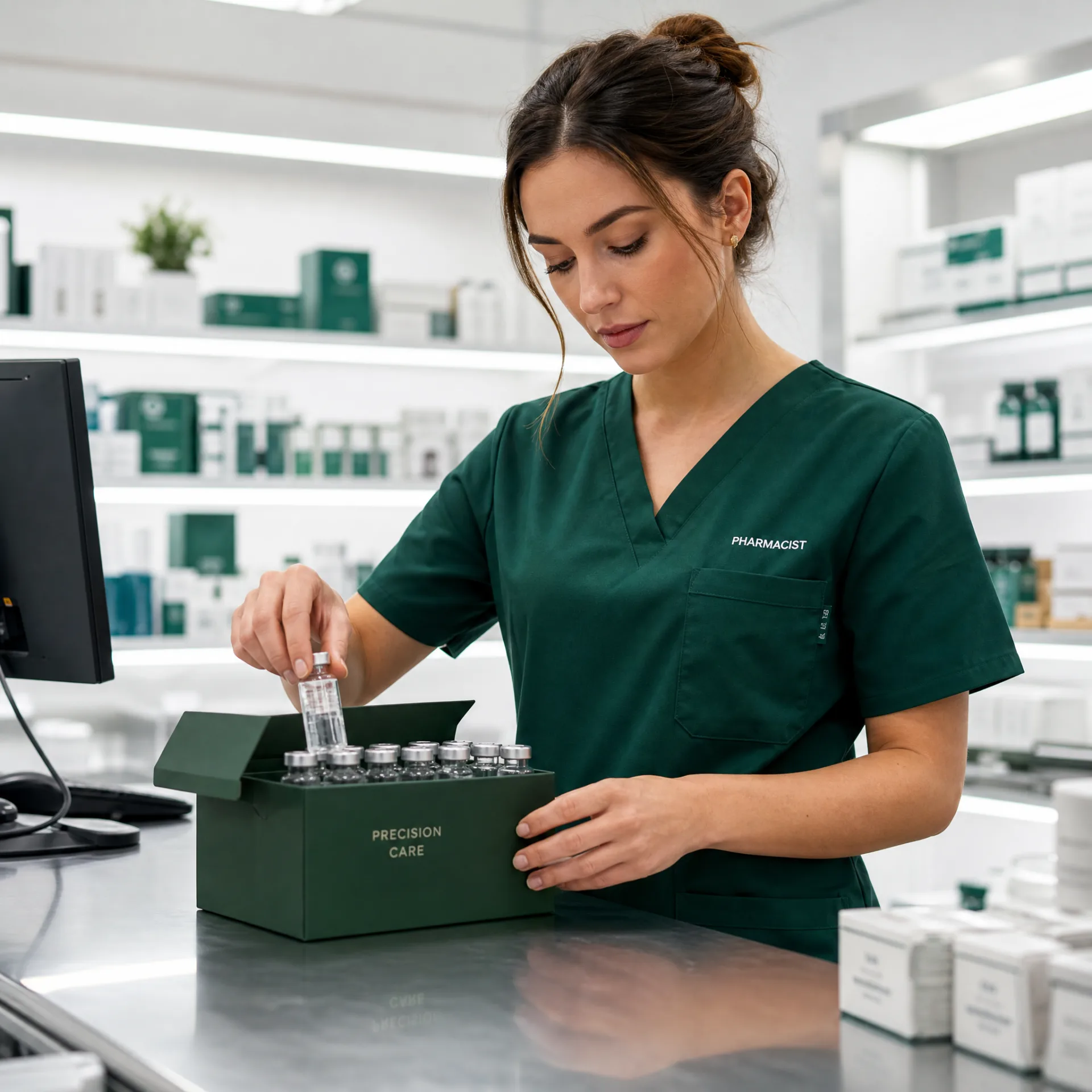Pharmacist packing vials into a green box