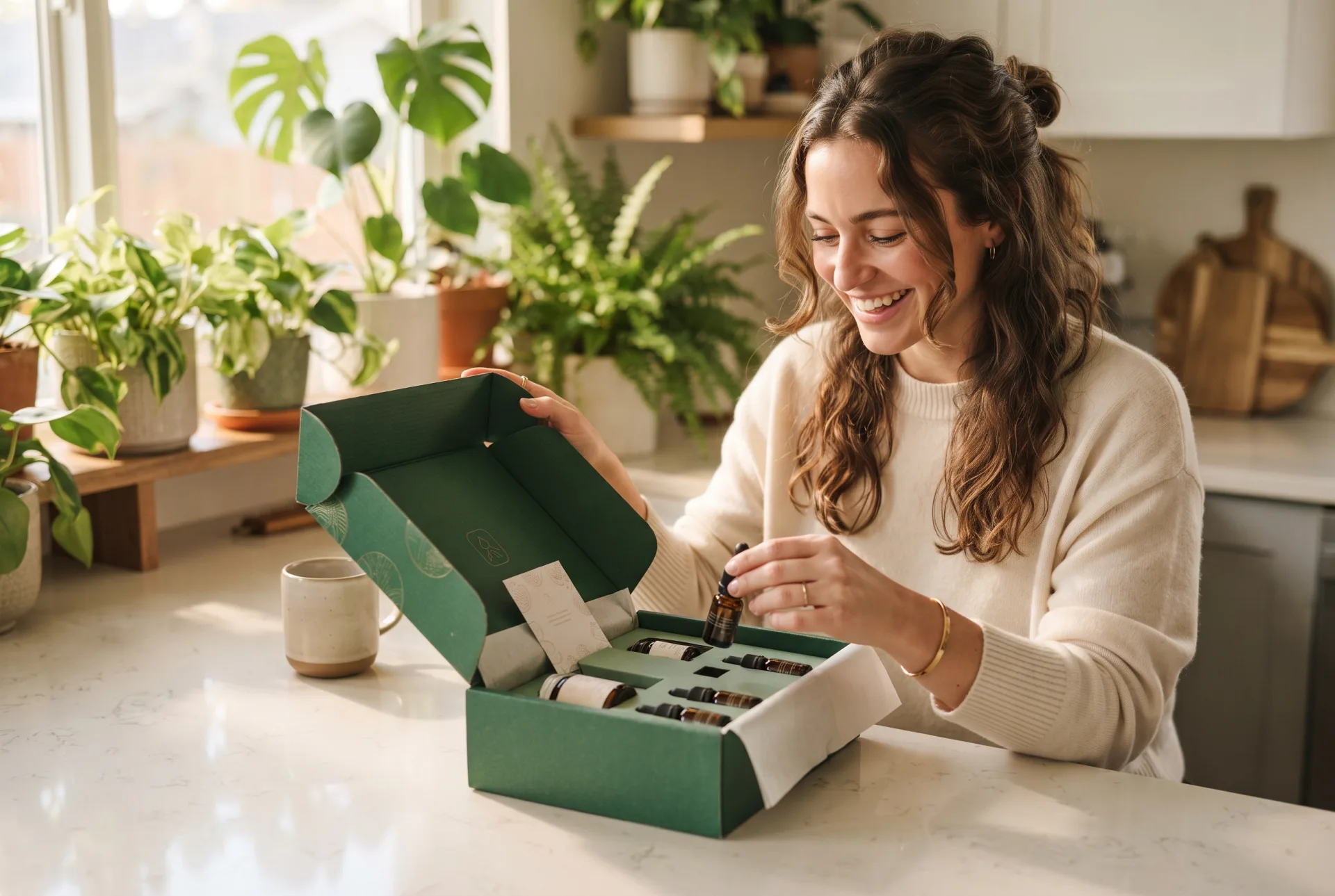 Person unboxing a green wellness kit at home