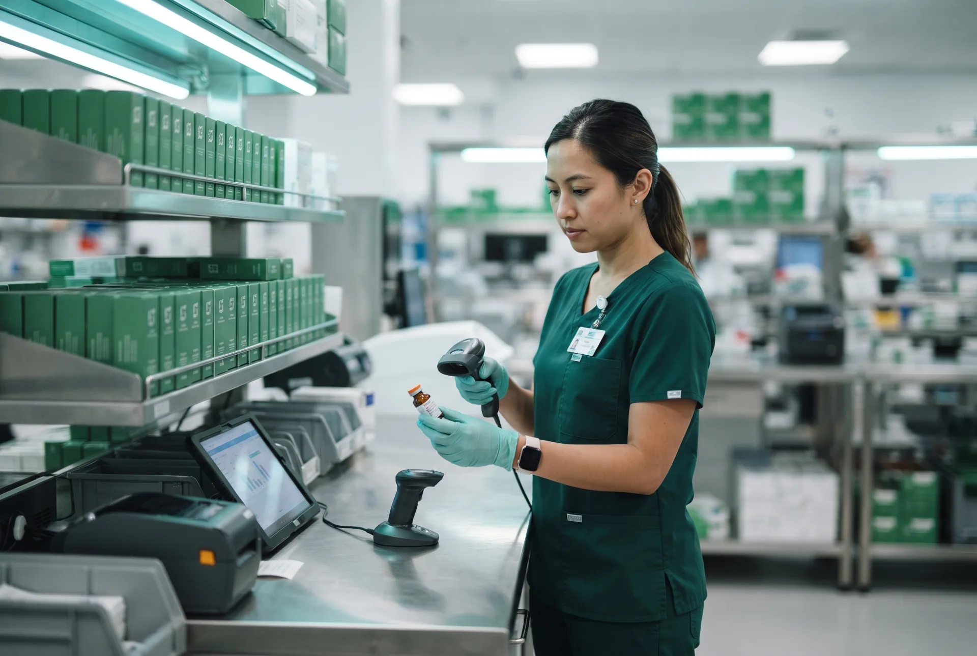Pharmacy technician scanning a vial