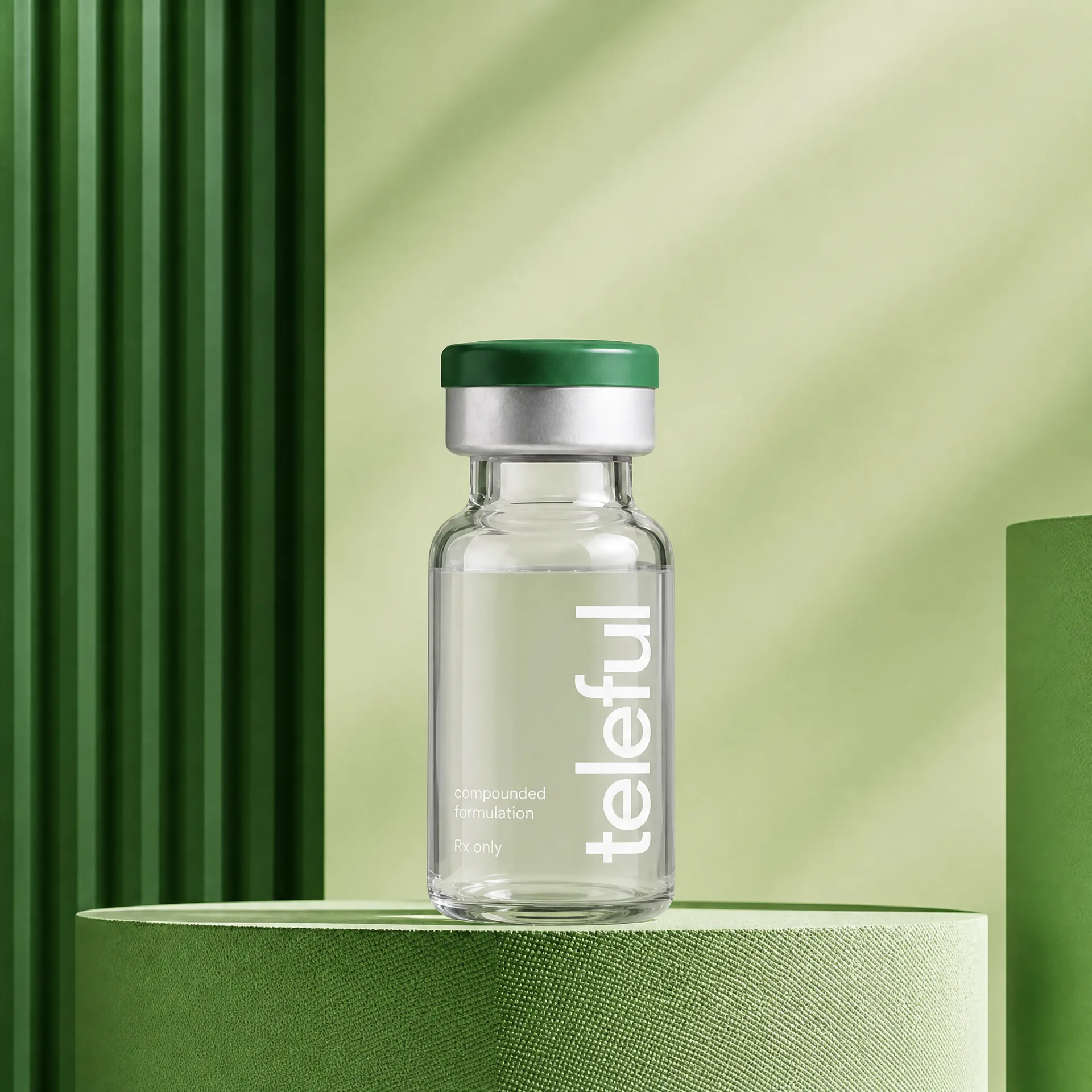Teleful vial on a green podium